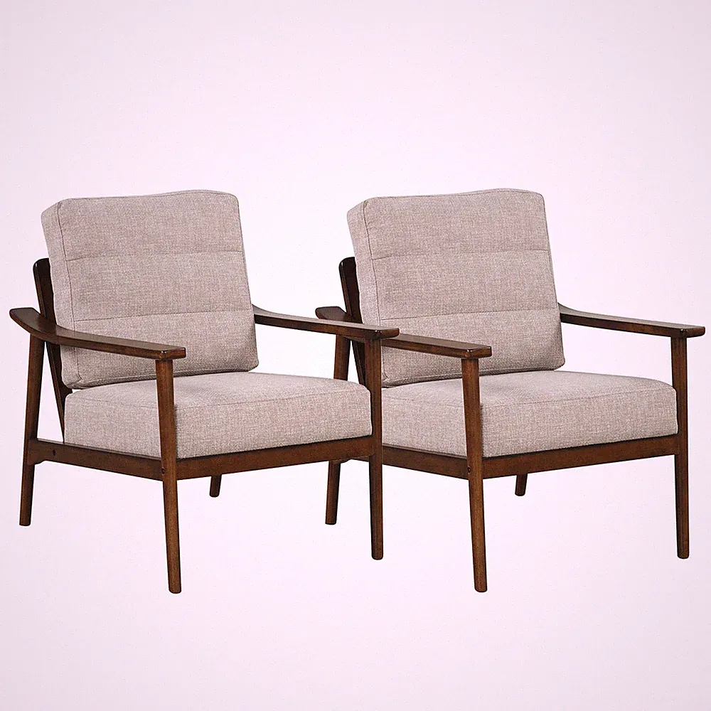 2 PCS Modern Accent Chair Upholstered Leisure Armchair w/ Rubber Wood Armrests