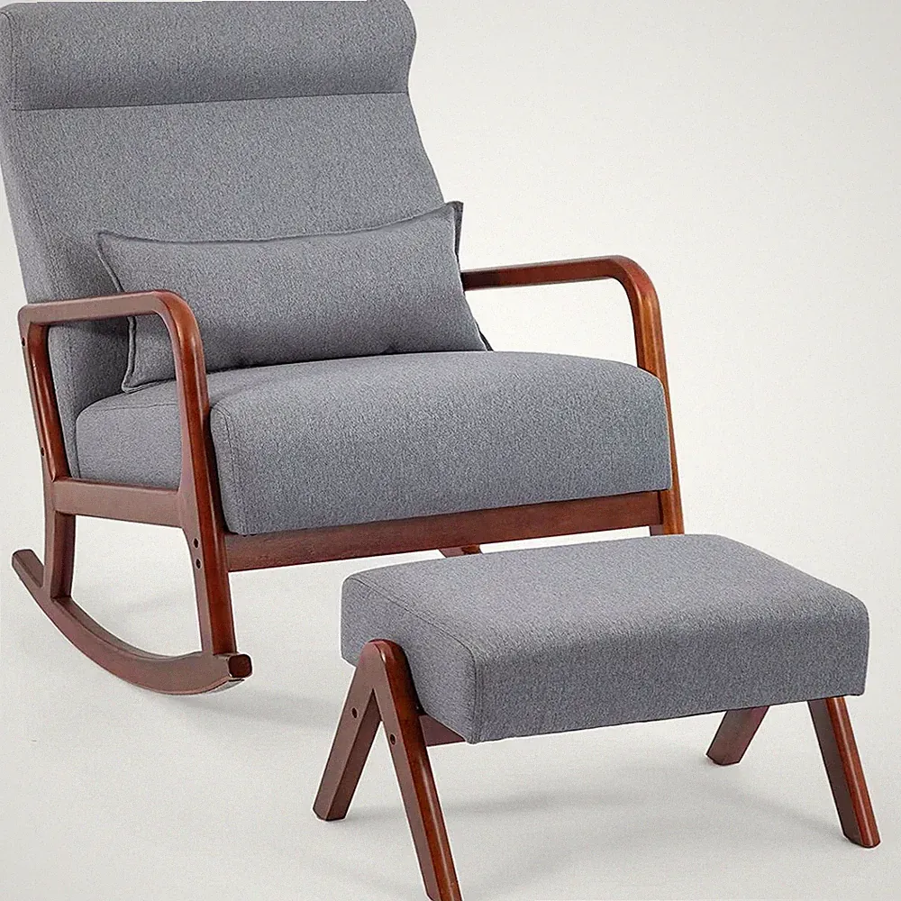 25.2'' Grey Fabric Reclining Rocking Chair with Ottoman and Pillow