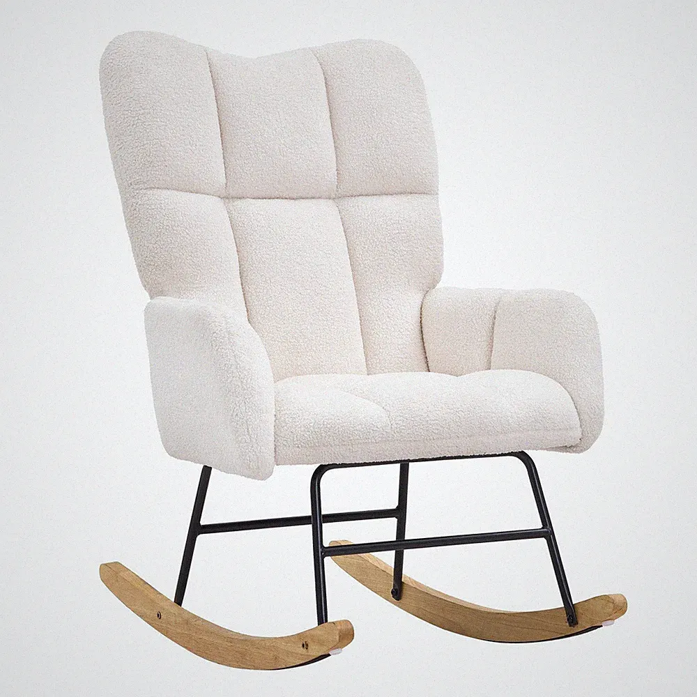 250lb High-Back Rocking Chair, Teddy Fabric & Upholstered Seat, Ivory White