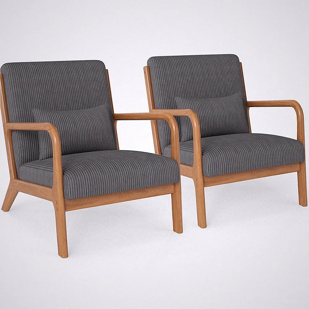 2PCS Corduroy Upholstered Lounge Chair with Rubber Wood Armrests & Lumbar Pillow