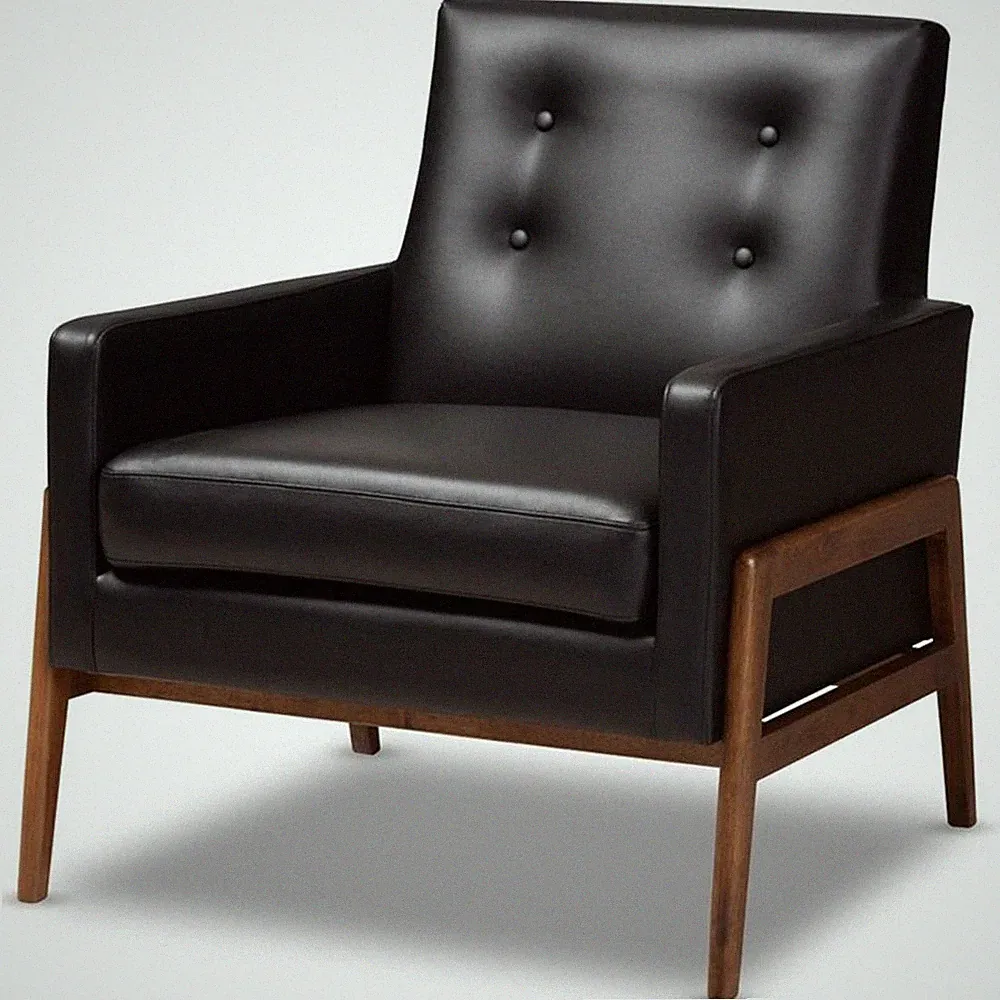 Baxton Studio Perris Faux Leather Lounge Chair in Black and Walnut