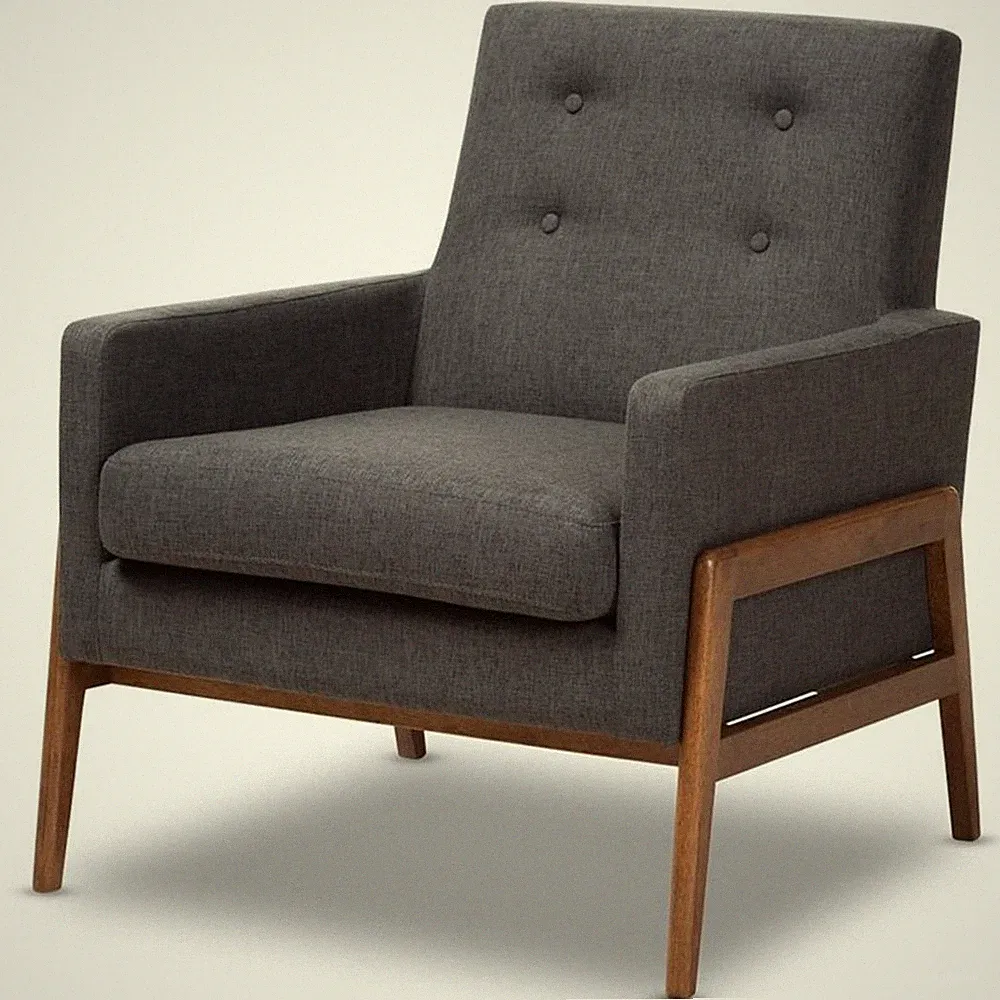 Baxton Studio Perris Upholstered Lounge Chair in Dark Grey and Walnut