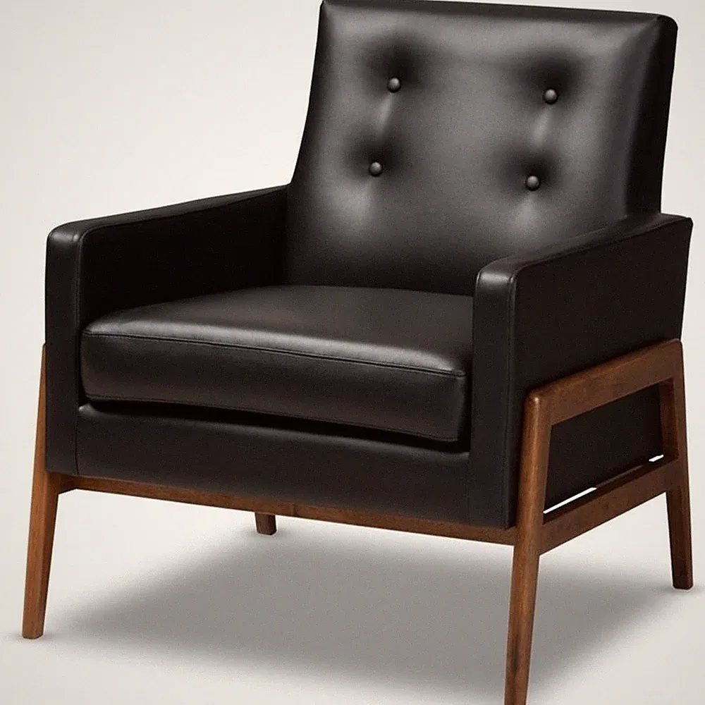 Bowery Hill Faux Leather Lounge Chair in Black and Walnut
