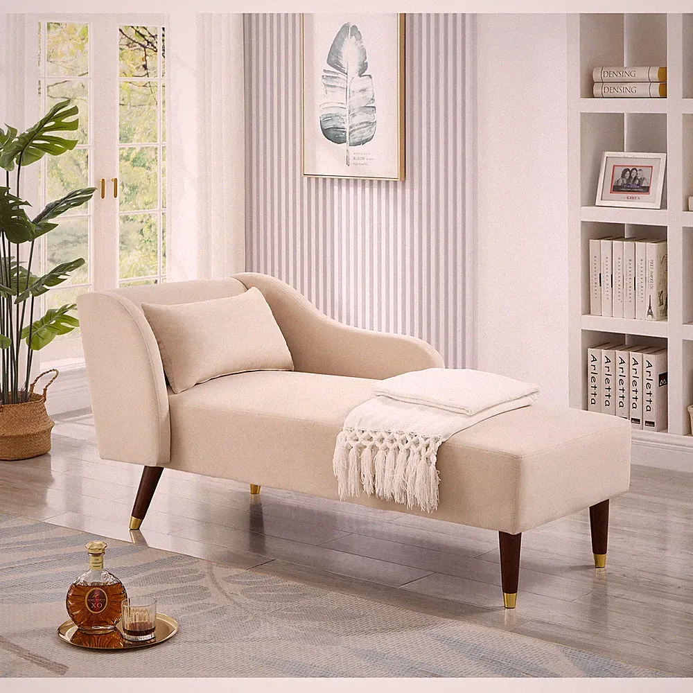 Modern Chaise Lounge Chair Velvet Upholstery (Beige)