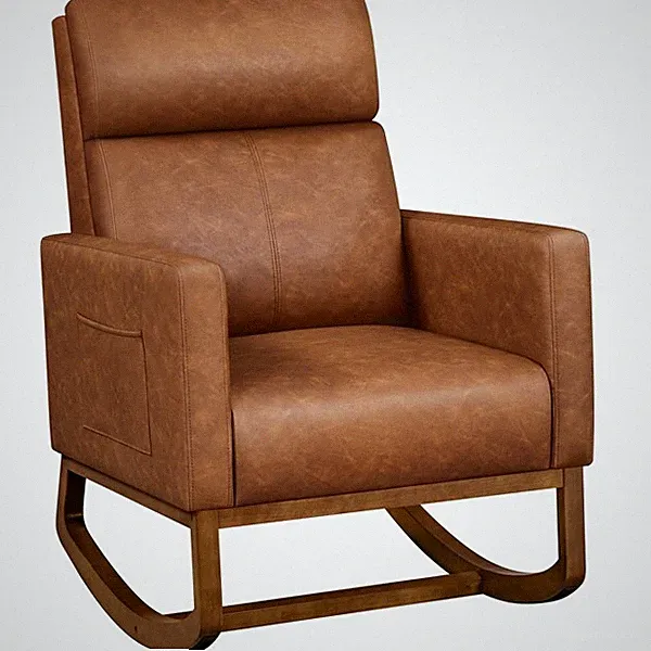 Nursery Rocking Chair, PU Leather with Rubberwood Legs and High Back, Brown
