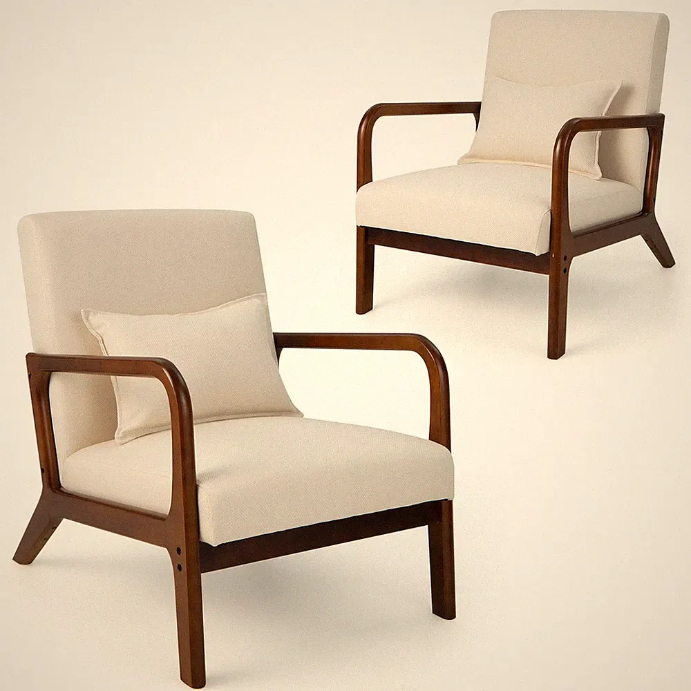 Set of 2 Accent Chairs Leisure Armchair w/ Rubber Wood Frame Lumbar Pillow Beige