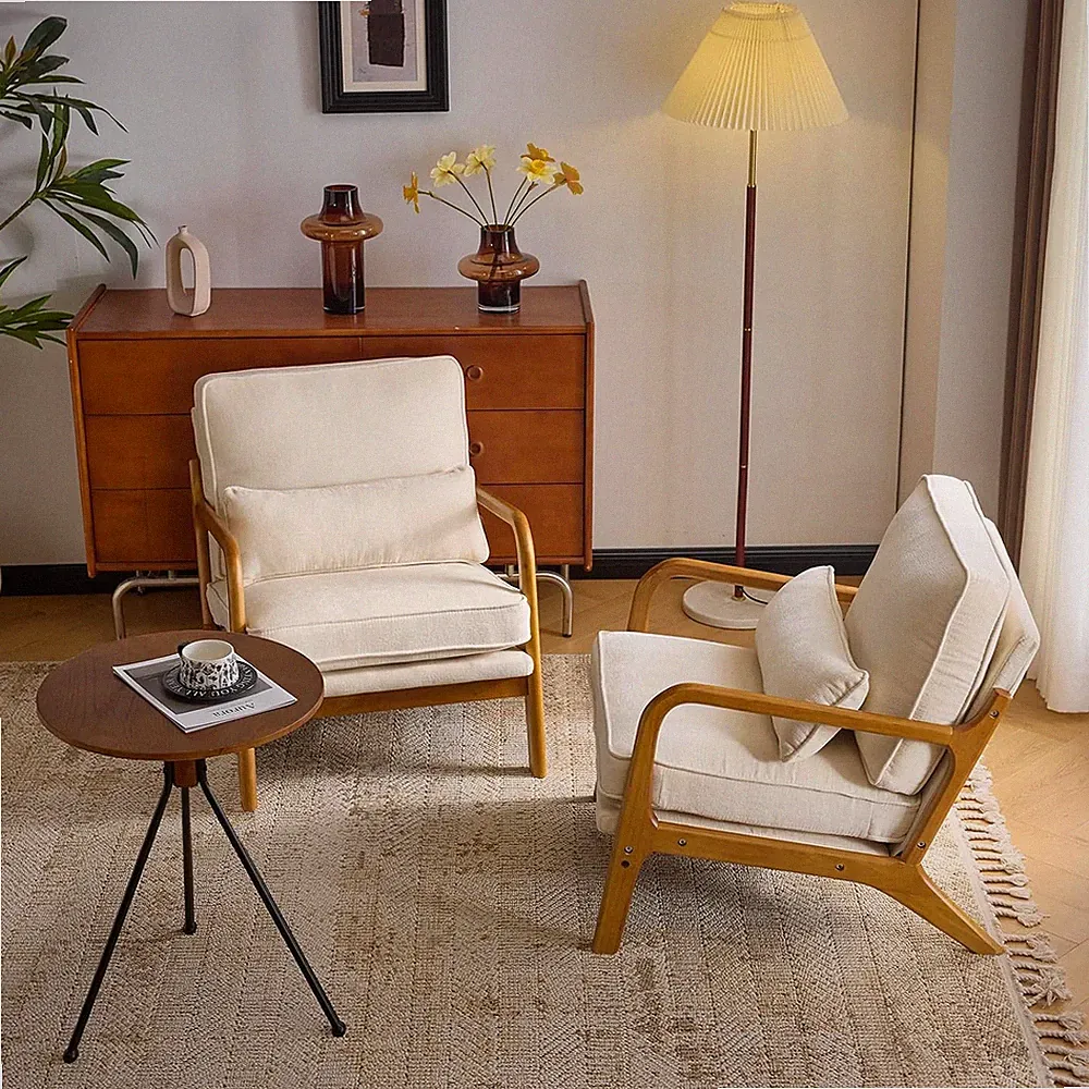 Set of 2 Mid-Century Modern Chenille Accent Chairs with Cushions - Cream