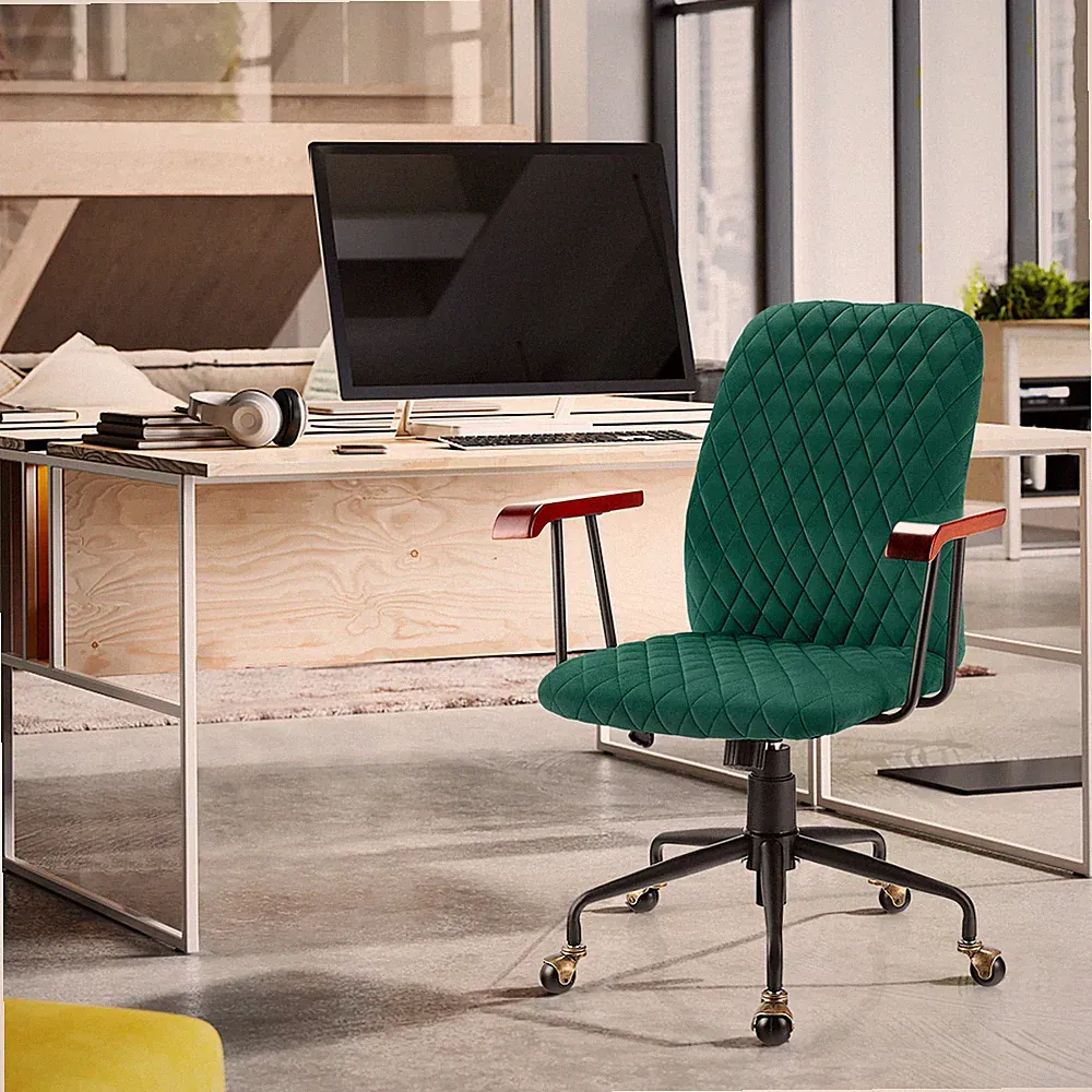 Swivel Adjustable Task Chair Velvet Home Office Chair w/ Wooden Armrest